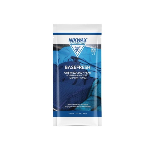 Nikwax Basefresh odświeżający płyn do płukania odzieży termoaktywnej 50 ml - opakowanie z przodu na białym tle.