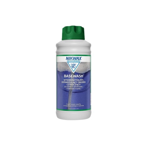 Nikwax Basewash płyn do prania bielizny termoaktywnej 1000ml - biała butelka z zielonym korkiem, widok frontalny na białym tle.