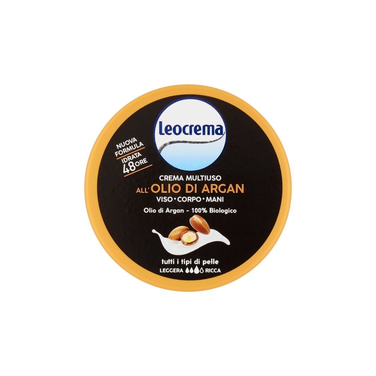 Leocrema krem multiuso z olejem arganowym 150 ml - opakowanie okrągłe z żółtą obwódką, widok z przodu na etykietę.