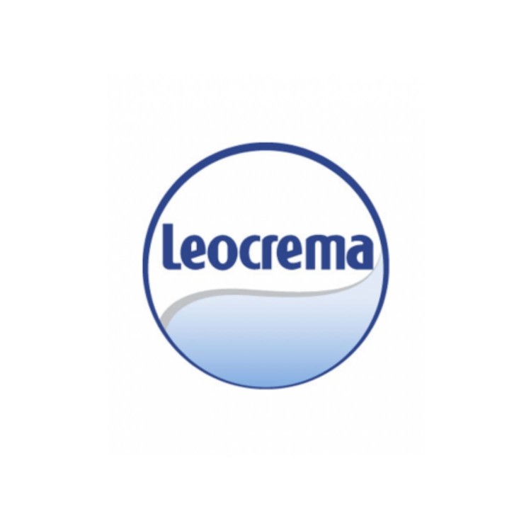Leocrema nawilżający krem multiuso z aloesem - logo marki w niebieskim okręgu z gradientem na białym tle.