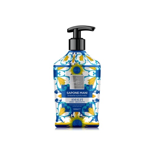 Lady Venezia mydło do rąk Amalfi cedr i bergamotka 500ml - butelka z pompką, ozdobna niebiesko-żółta etykieta, widok frontu.