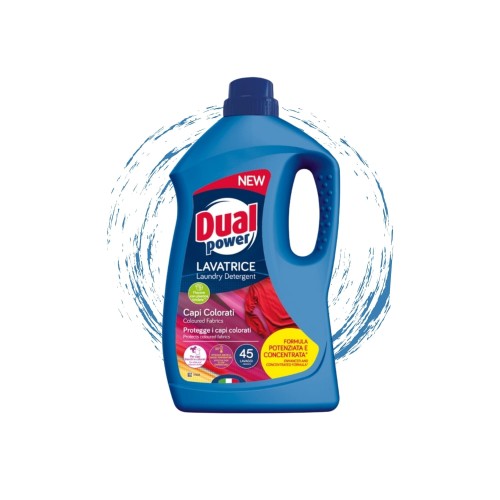 Dual Power płyn do prania Lavatrice Capi Colorati 1800 ml - niebieska butelka na tle fali wodnej, widok frontalny.