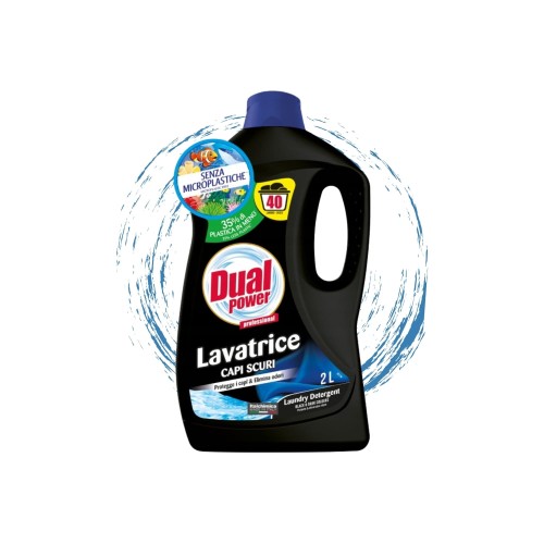 Dual Power płyn do prania Lavatrice Capi Scuri 2L - czarna butelka z niebieskim korkiem, na tle strumienia wody, widok frontalny opakowania.