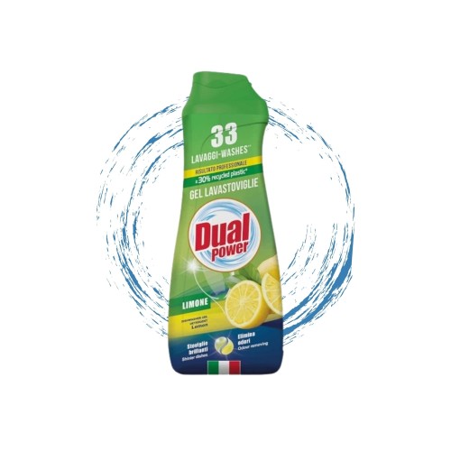 Dual Power żel do zmywarek cytryna 660ml - butelka na tle rozprysku wody, widok z przodu