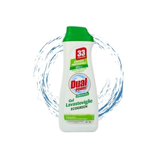 Dual Power Żel do zmywarek Ecogreen 660ml - butelka z zieloną pompką na białym tle z efektem rozprysku wody.