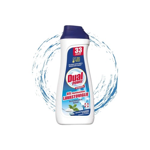 Dual Power Żel do zmywarek 660ml Soda - biała butelka z niebieską nakrętką na białym tle z efektem strumieni wody.