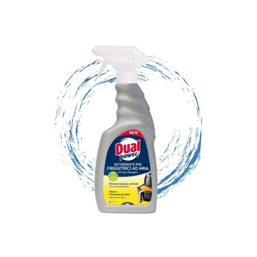 Dual Power detergent do frytkownic beztłuszczowych 500ml - butelka z rozpylaczem na białym tle z efektem wody.