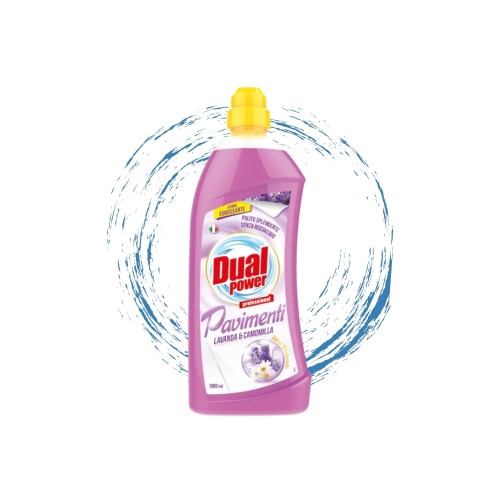 Dual Power płyn do mycia podłóg Lawenda i Rumianek 1000ml - różowa butelka z żółtym korkiem, widok frontalny z efektem rozpryskującej się wody w tle.