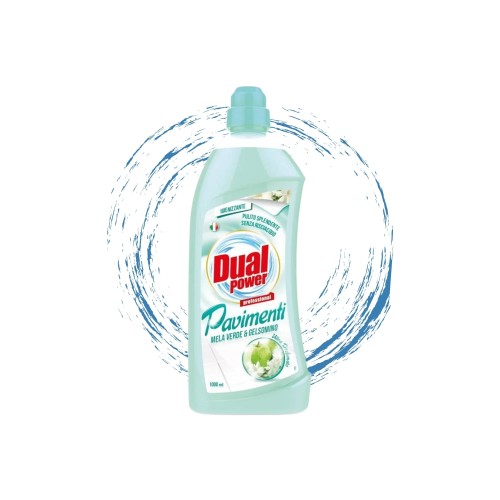 Dual Power płyn do mycia podłóg Mela Verde i Gelsomino 1000ml - butelka na tle wirującego strumienia wody.