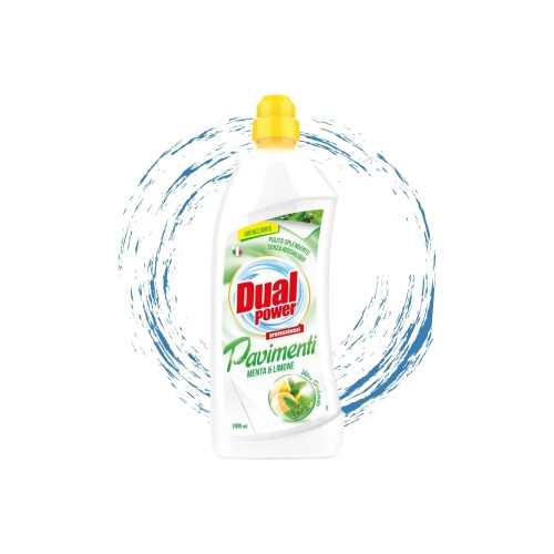 Dual Power płyn do mycia podłóg Menta i Limone 1000ml - biała butelka z żółtym zakrętką na białym tle z efektem wirujące wody.