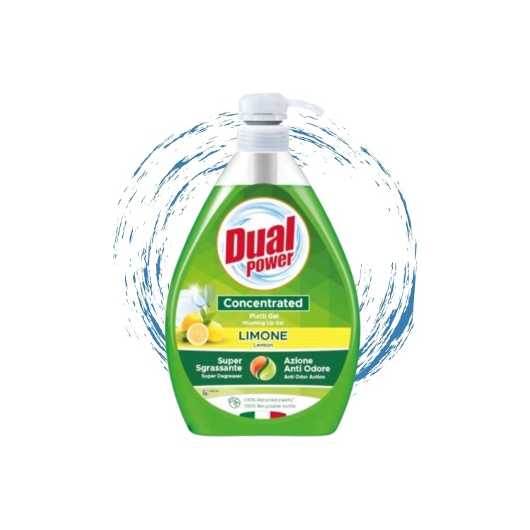 Dual Power płyn do naczyń Limone 1000 ml - zielona butelka z białą nakrętką na białym tle z efektem rozprysku wody.