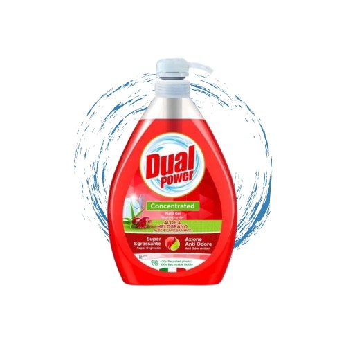 Dual Power płyn do naczyń Aloes i Granat 1000 ml – czerwona butelka z białą etykietą na białym tle z efektem bryzgi wody.