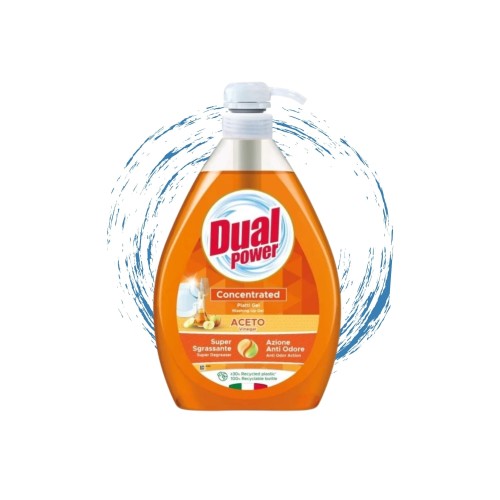 Dual Power płyn do naczyń Aceto 1000 ml - pomarańczowa butelka ze strumienia wody w tle, widok frontalny.