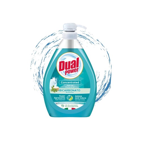 Dual Power płyn do naczyń Bicarbonato 1000 ml - turkusowa butelka z białym korkiem, otoczona wirującymi strumieniami wody, widok frontalny.