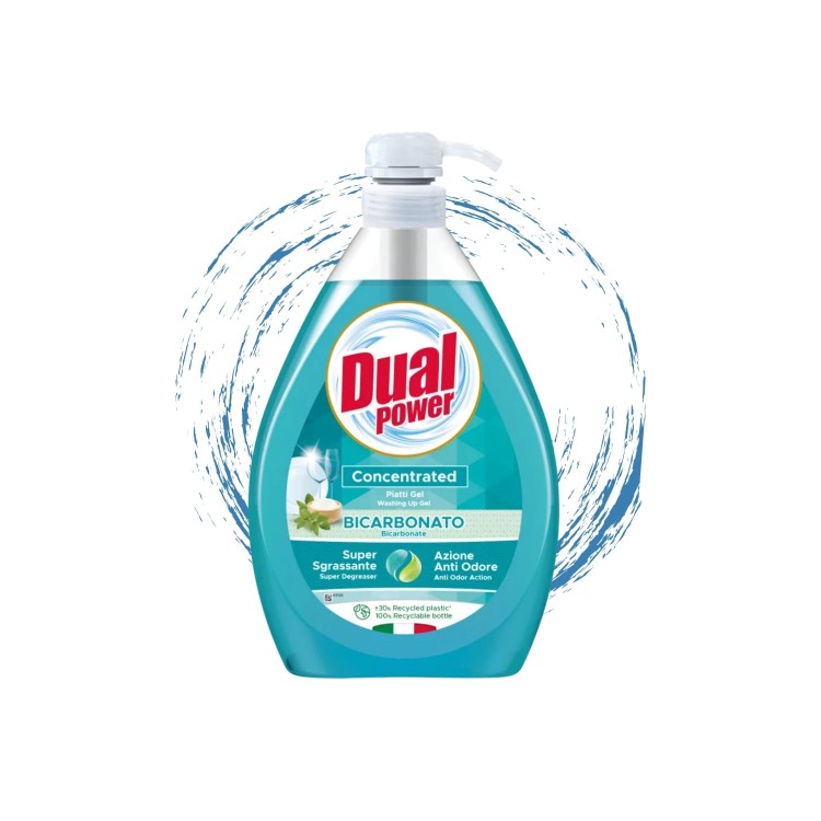 Dual Power płyn do naczyń Bicarbonato 1000 ml - turkusowa butelka z białym korkiem, otoczona wirującymi strumieniami wody, widok frontalny.