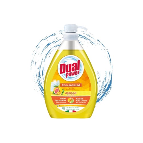 Dual Power płyn do naczyń Agrumi - żółta butelka 1000 ml z otoczeniem z rozpryskiwaną wodą na białym tle.