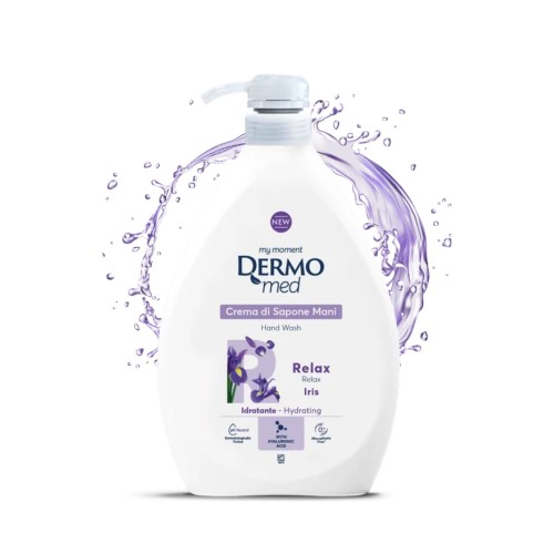 DERMOmed Mydło do rąk Iris 1000ml - butelka z pompką na białym tle z purpurowymi rozchlapami wody.