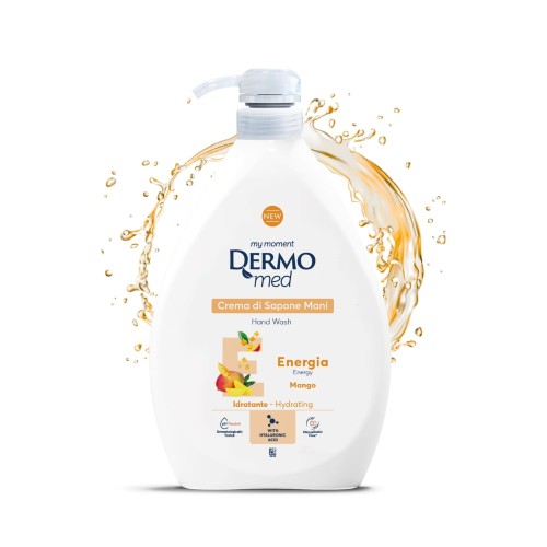DERMOmed Crema di Sapone Mani Mango mydło do rąk 1000ml - butelka z pompką na białym tle z złotymi pluśniętkami wody.