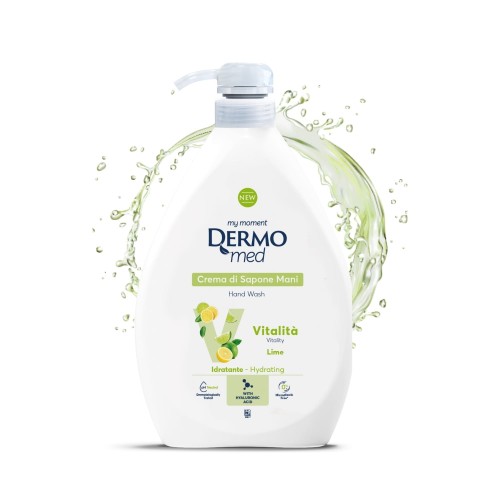 DERMOmed mydło do rąk Crema di Sapone Mani Lime 1000ml - butelka z pompką na białym tle z efektem rozpryskiwanej wody.