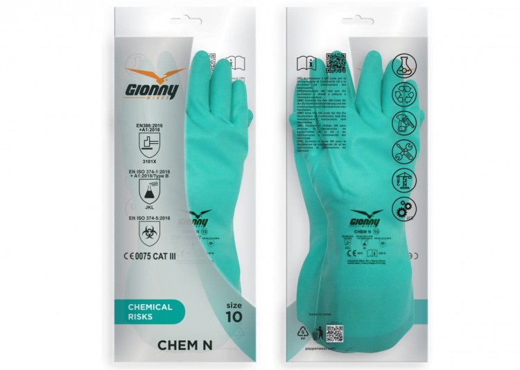 Gionny CHEM N rękawice nitrylowe do ochrony przed zagrożeniami chemicznymi - opakowanie przód i tył, rozmiar 10.
