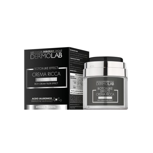 Dermolab Crema Ricca Botox-Like Effect bogaty krem do twarzy - opakowanie z pudełkiem, widok produktu i pudełka na białym tle.