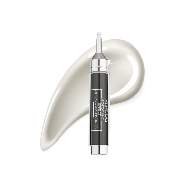 DERMOLAB Eliksir Młodości Serum na zmarszczki 10ml - czarna buteleczka z aplikatorem pipetą i chromowanym korkiem, na tle mleczno-białego rozmiętego produktu.