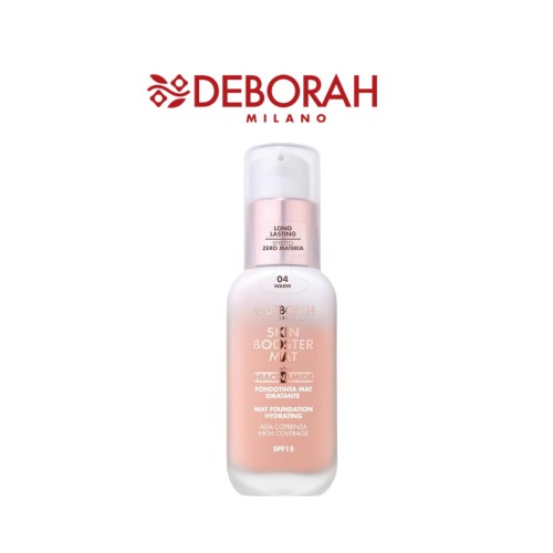 Deborah Milano Skin Booster Mat Foundation Hydrating 04 Warm - podkład matowy nawilżający w buteleczce z pompką, ujęcie na białym tle.