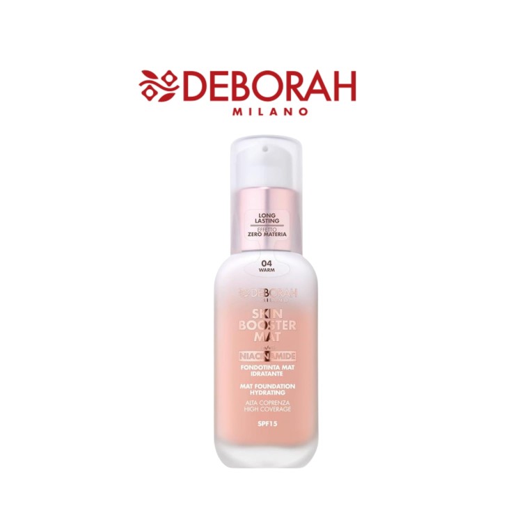 Deborah Milano Skin Booster Mat Foundation Hydrating 04 Warm - podkład matowy nawilżający w buteleczce z pompką, ujęcie na białym tle.