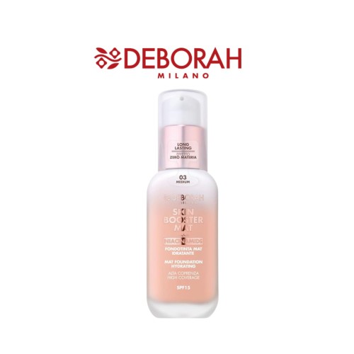 Deborah Milano Skin Booster Mat Hydrating podkład matowy 03 Medium - butelka z pompką na białym tle.