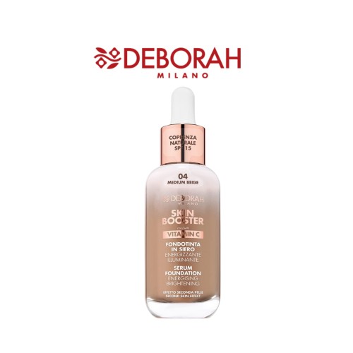 Deborah Milano Skin Booster Serum Vitamin C podkład w siero 04 Medium Beige - buteleczka z pipetą i miedzianym korkiem na białym tle.