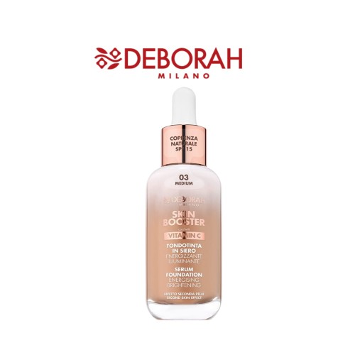 Deborah Milano Skin Booster Serum Foundation Vitamin C 03 Medium - lekki podkład w szklanej buteleczce z pipetą, widok frontalny na białym tle.