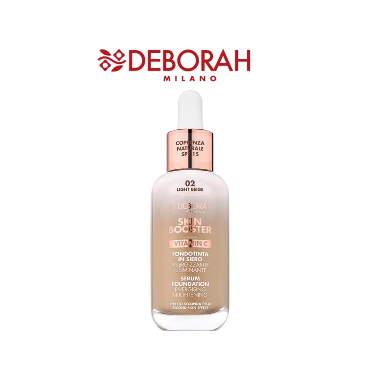 Deborah Milano Skin Booster Serum Vitamin C podkład rozświetlający 02 Light Beige - buteleczka z pipetą i miedzianym korkiem na białym tle.