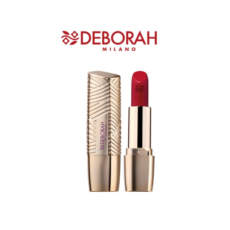 Deborah Milano szminka do ust Audacious Red 14 - pomadka nawilżająca w złotym tubie, zbliżenie na produkt z logo marki na czubku.