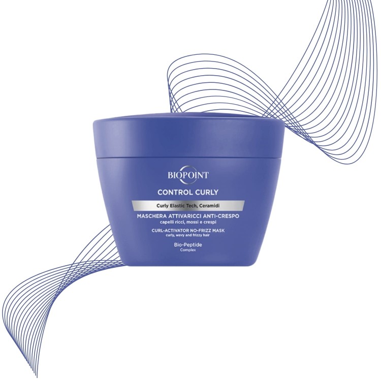 BIOPOINT Control Curly maska do włosów kręconych 200ml - fioletowe opakowanie z trzepotającymi włosami, widok frontalny z wizualizacją efektu.