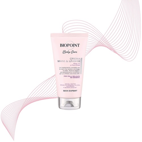 BIOPOINT Body Care Crema Mani &amp; Unghie krem do rąk i paznokci 75ml - tuba na jasnym tle z różowymi liniami dekoracyjnymi.