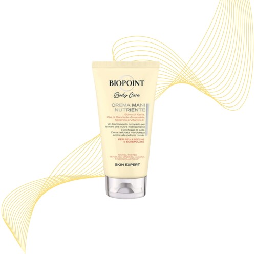 BIOPOINT Body Care krem do rąk nutriente 75ml - żółte opakowanie, widok z przodu na białym tle z graficznym złotym ornamentem.