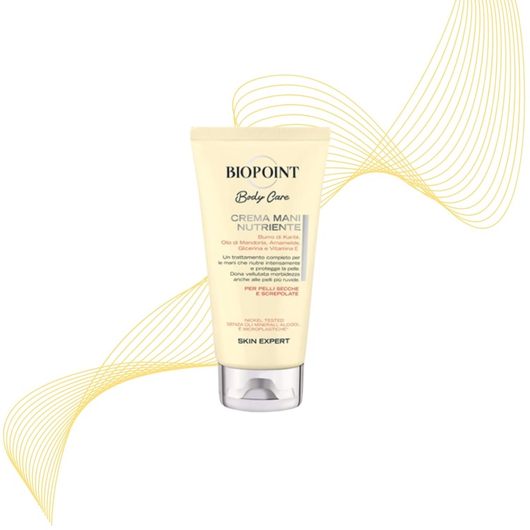 BIOPOINT Body Care krem do rąk nutriente 75ml - żółte opakowanie, widok z przodu na białym tle z graficznym złotym ornamentem.