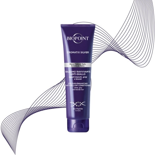 BIOPOINT Cromatix Silver balsam anti-giallo do włosów blond - fioletowa tuba 150ml na białym tle z graficznym wzorem linii.