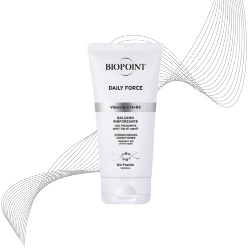 Biopoint Daily Force balsam wzmacniający do włosów 150ml - tuba na białym tle z graficznym motywem włosów.