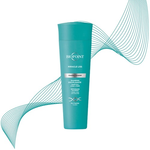 BIOPOINT Miracle Liss szampon dyscyplinujący 200ml - turkusowa butelka z graficznym, abstrakcyjnym tłem w postaci pędzli linii.