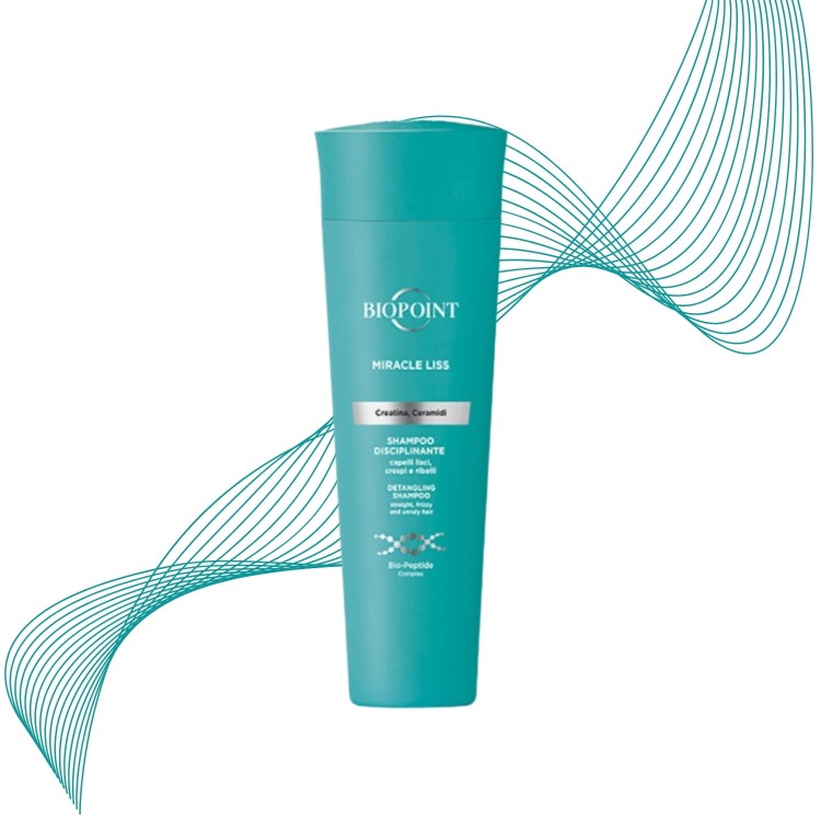 BIOPOINT Miracle Liss szampon dyscyplinujący 200ml - turkusowa butelka z graficznym, abstrakcyjnym tłem w postaci pędzli linii.