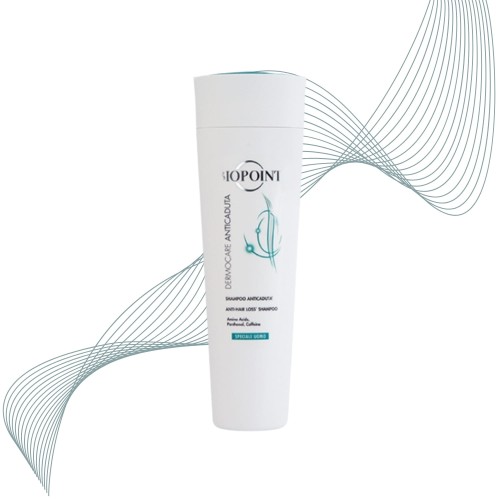 BIOPOINT Dermocare Anticaduta szampon przeciw wypadaniu włosów 200ml - biała butelka z turkusowymi detalami na białym tle z graficznym motywem linii.