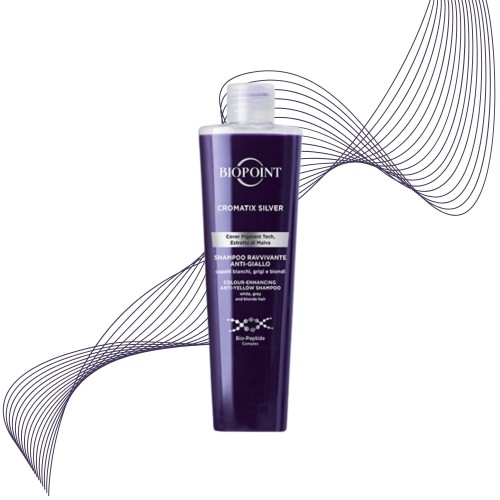 BIOPOINT Cromatix Silver szampon do włosów 200ml – butelka na białym tle z graficznym motywem linii.