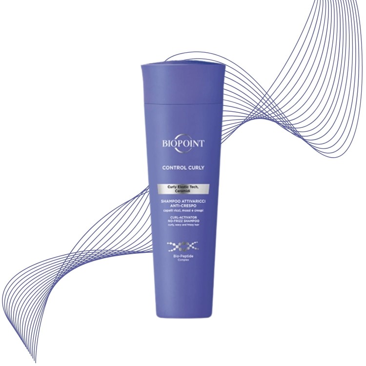 Biopoint Control Curly szampon anti-crespo 200ml - butelka na tle z abstrakcyjnymi liniami symbolizującymi kontrolę loków.