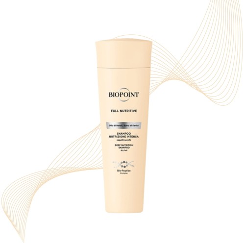 BIOPOINT Full Nutritive szampon odżywczy - beżowa butelka na białym tle z dekoracyjnymi liniami, widok z przodu.