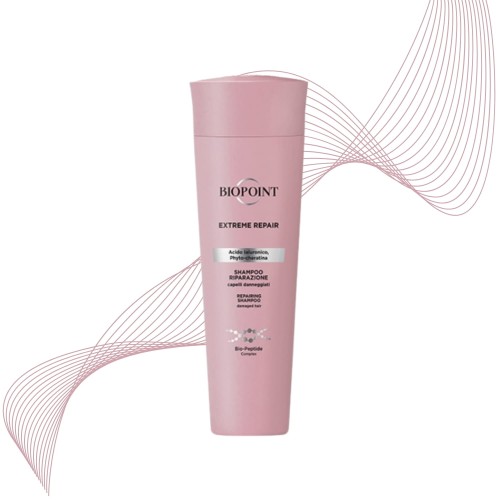 Biopoint Extreme Repair szampon naprawczy 200ml, różowa butelka na tle graficznych linii w kolorze pudrowego różu.