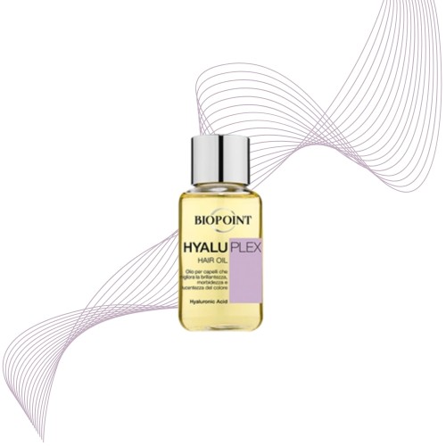 Biopoint Hyaluplex olejek do włosów 50ml - buteleczka z żółtym olejkiem i srebrnym korkiem na tle abstrakcyjnych fioletowych linii.