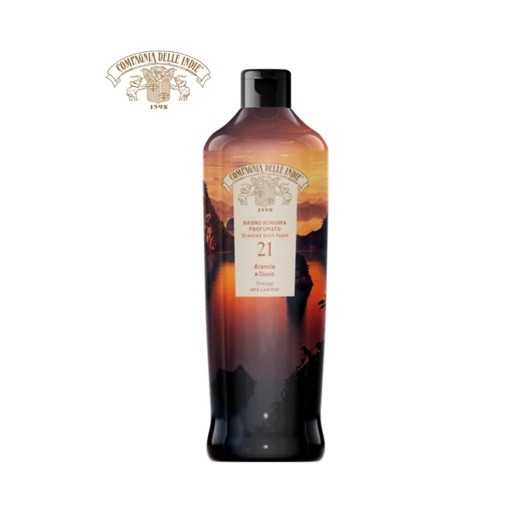 Compagnia Delle Indie płyn do kąpieli nr 21 Arancia e Cuoio 500ml - czarna butelka z gradientowym etykietą przedstawiającą zachód słońca, widok frontalny.