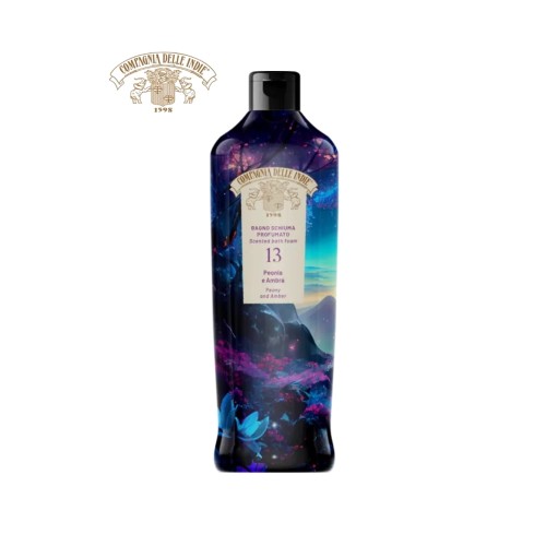 Compagnia Delle Indie płyn do kąpieli Peonia e Ambra nr 13 - butelka 500ml na białym tle, widok frontalny z etykietą i graficznym designem krajobrazowym w odcieniach fioletu i turkusu.