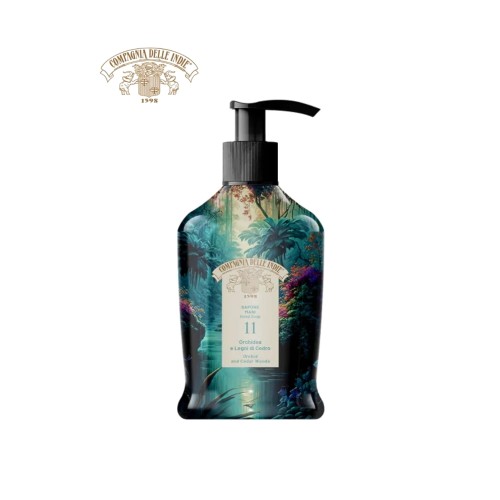 Compagnia delle Indie mydło w płynie #11 Orchidea i Legni di Cedro - butelka 300ml z czarnym pompką, widok frontalny na białym tle.